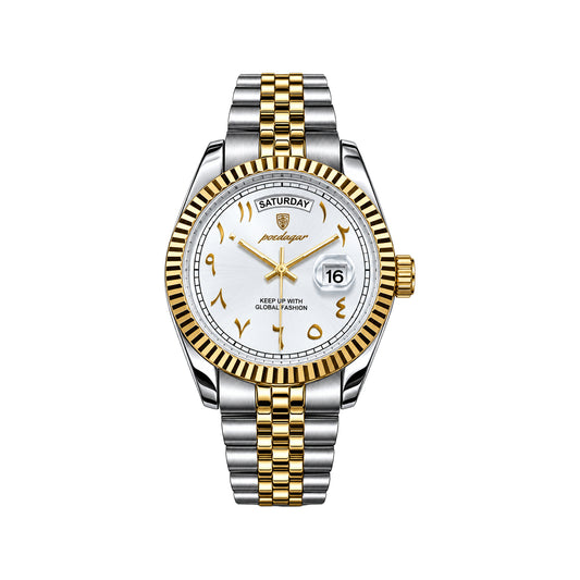 POEDAGAR 845 Men's Quartz Watch Two Tone White– Arabic Numeral Dial & Stainless Steel Bracelet