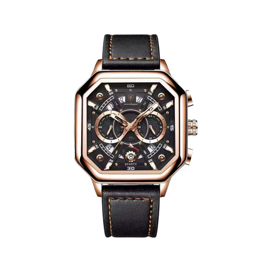 POEDAGAR 983 Men’s Square Chronograph Quartz Watch Rose Black– Genuine Leather Strap