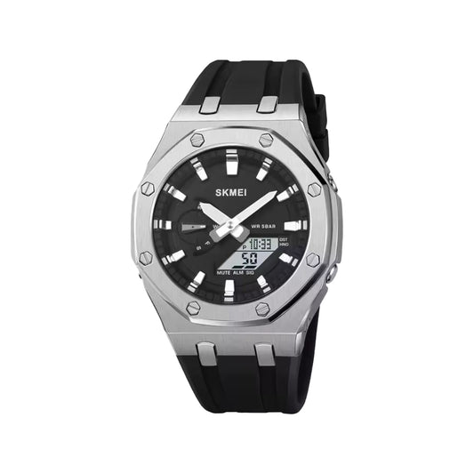 SKMEI 2243 Men’s Analog Digital Watch Silver Black – World Time, 5 Alarms, Chronograph