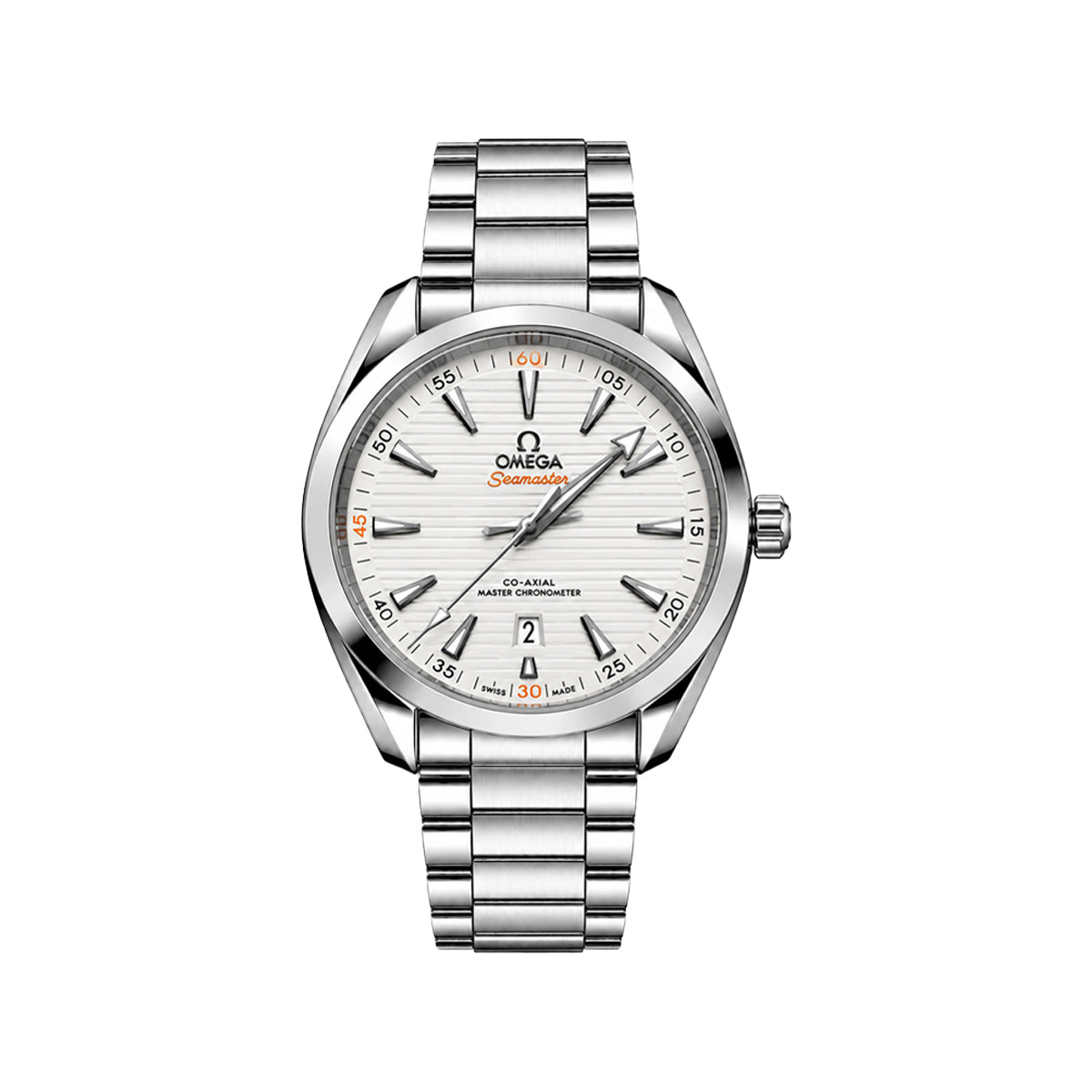 Omega Seamaster Aqua Terra Men’s Watch – White Teak Orange Accent Dial & Stainless Steel Chain Strap