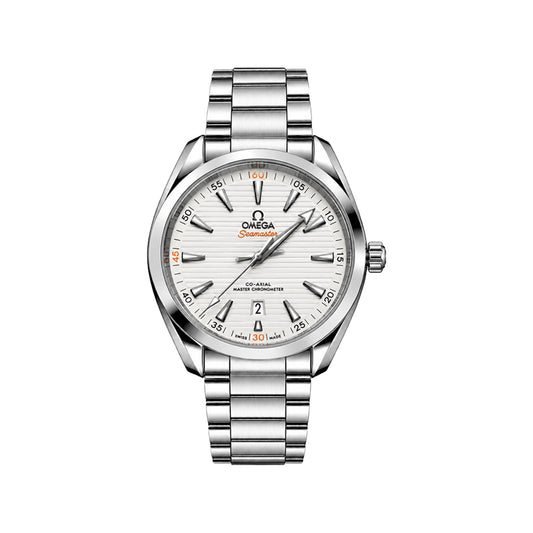Omega Seamaster Aqua Terra Men’s Watch – White Teak Orange Accent Dial & Stainless Steel Chain Strap