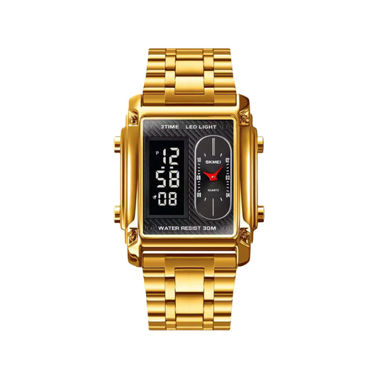 SKMEI 1868 Men’s Analog Digital Watch Golden Black– Triple Time, Gold Stainless Steel Bracelet