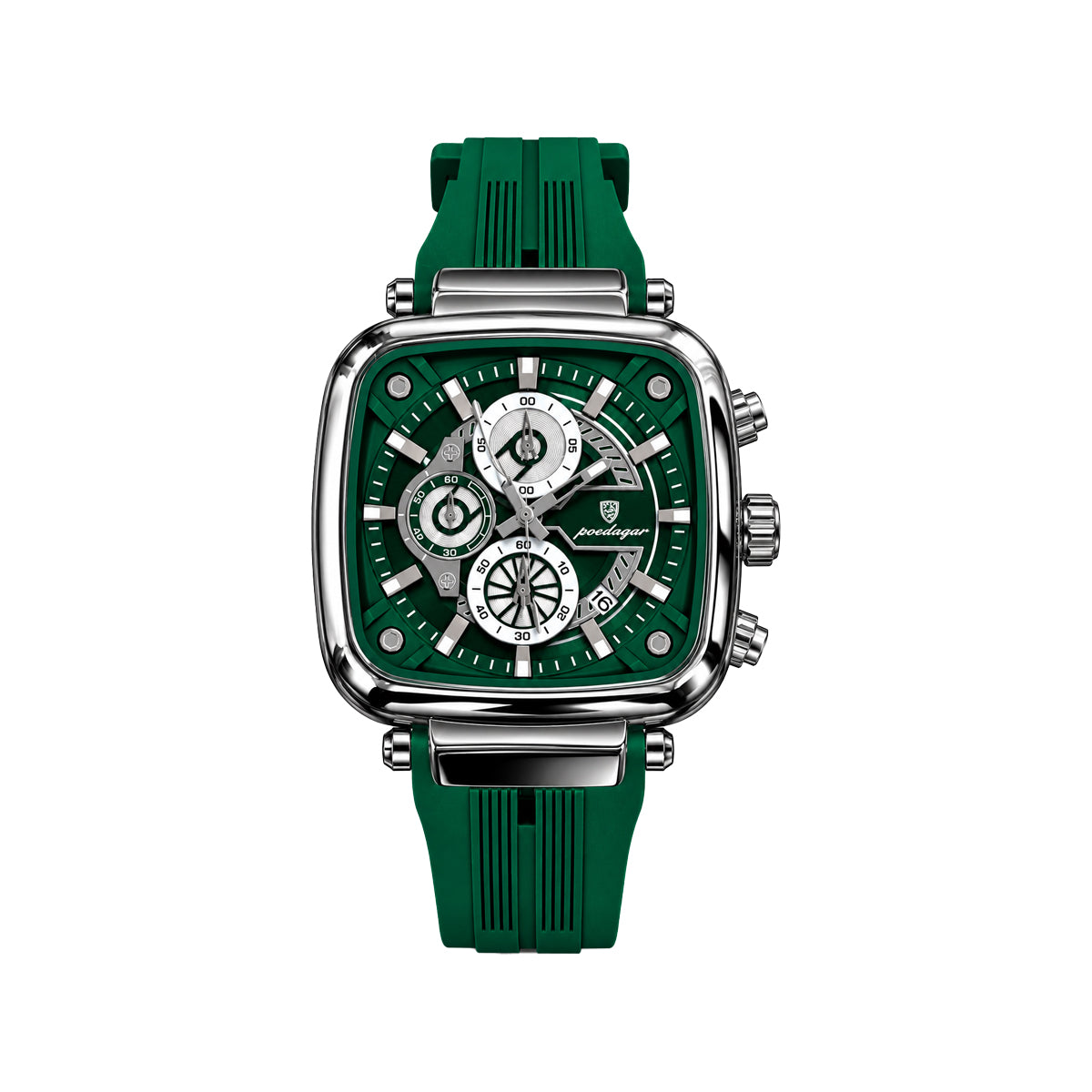 POEDAGAR 849 Men's Square Chronograph Watch Green– Silicone Strap