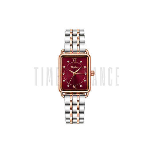 Yindini 896 Women's Luxury Rectangle Quartz Watch – Two-Tone Burgundy