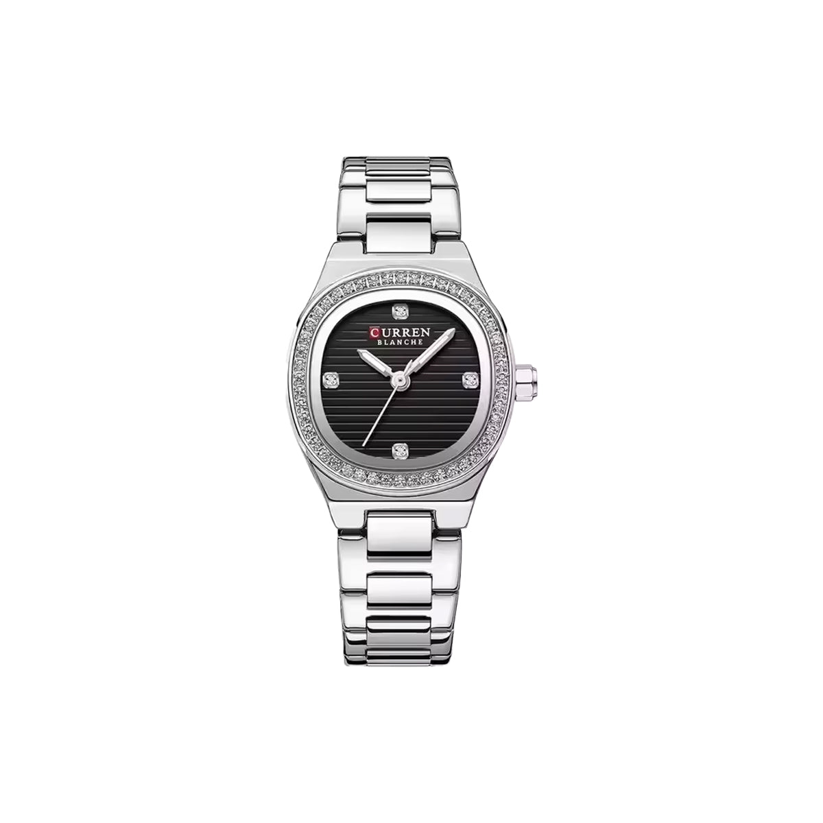 CURREN 9101 Women’s Luxury Diamond Watch Silver Case Black Dial– Small Dial, Luminous Hands & Stainless Steel Bracelet