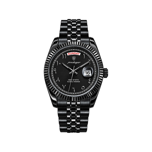 POEDAGAR 845 Men's Quartz Watch Black– Arabic Numeral Dial & Stainless Steel Bracelet