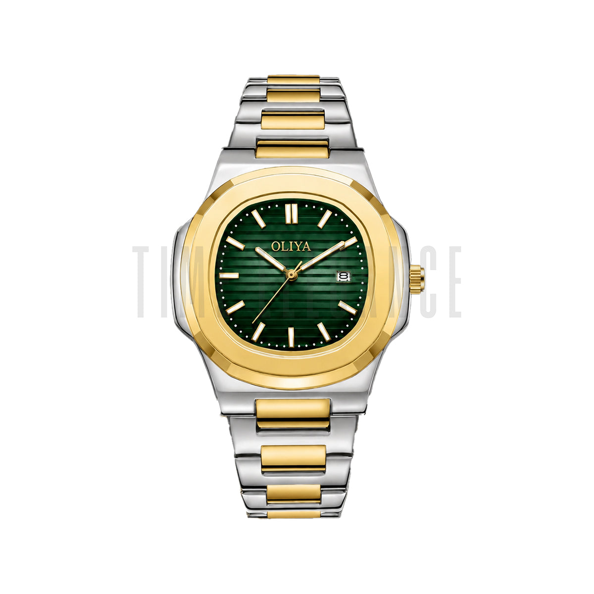 OLIYA 1686 Two Tone Green Dial Stainless Steel Quartz Watch for Men | Luxury Sport Date Wristwatch