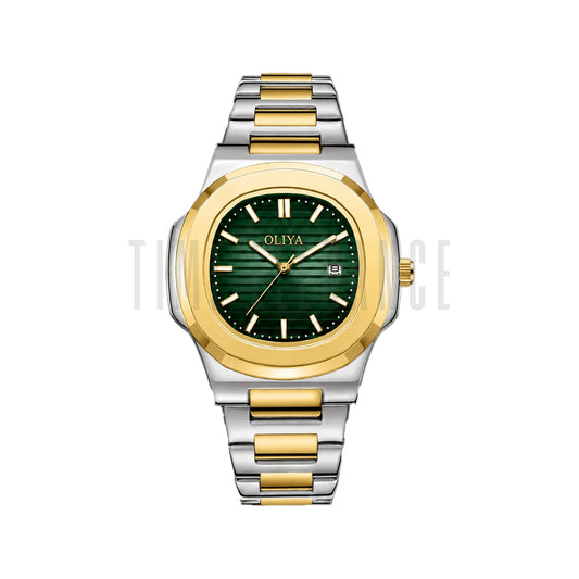 OLIYA 1686 Two Tone Green Dial Stainless Steel Quartz Watch for Men | Luxury Sport Date Wristwatch