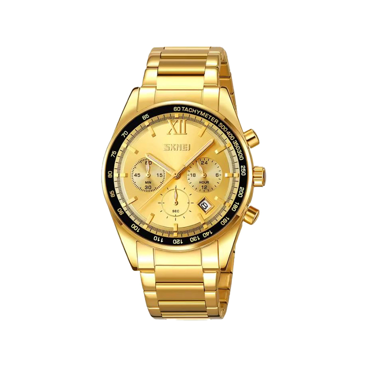 SKMEI 9096 Men’s Chronograph Quartz Watch Golden– Stainless Steel Bracelet, Date, Luminous