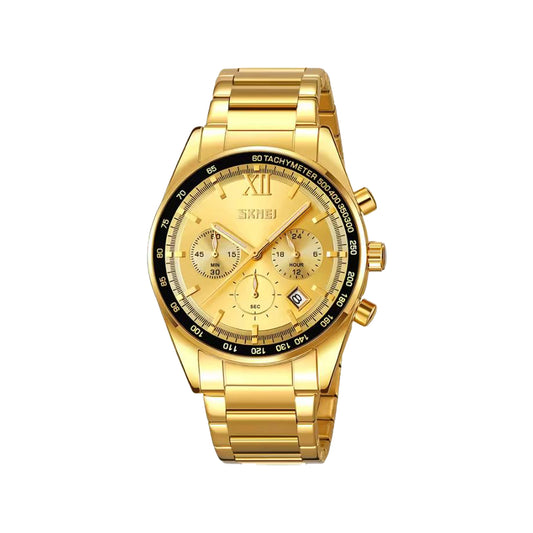 SKMEI 9096 Men’s Chronograph Quartz Watch Golden– Stainless Steel Bracelet, Date, Luminous