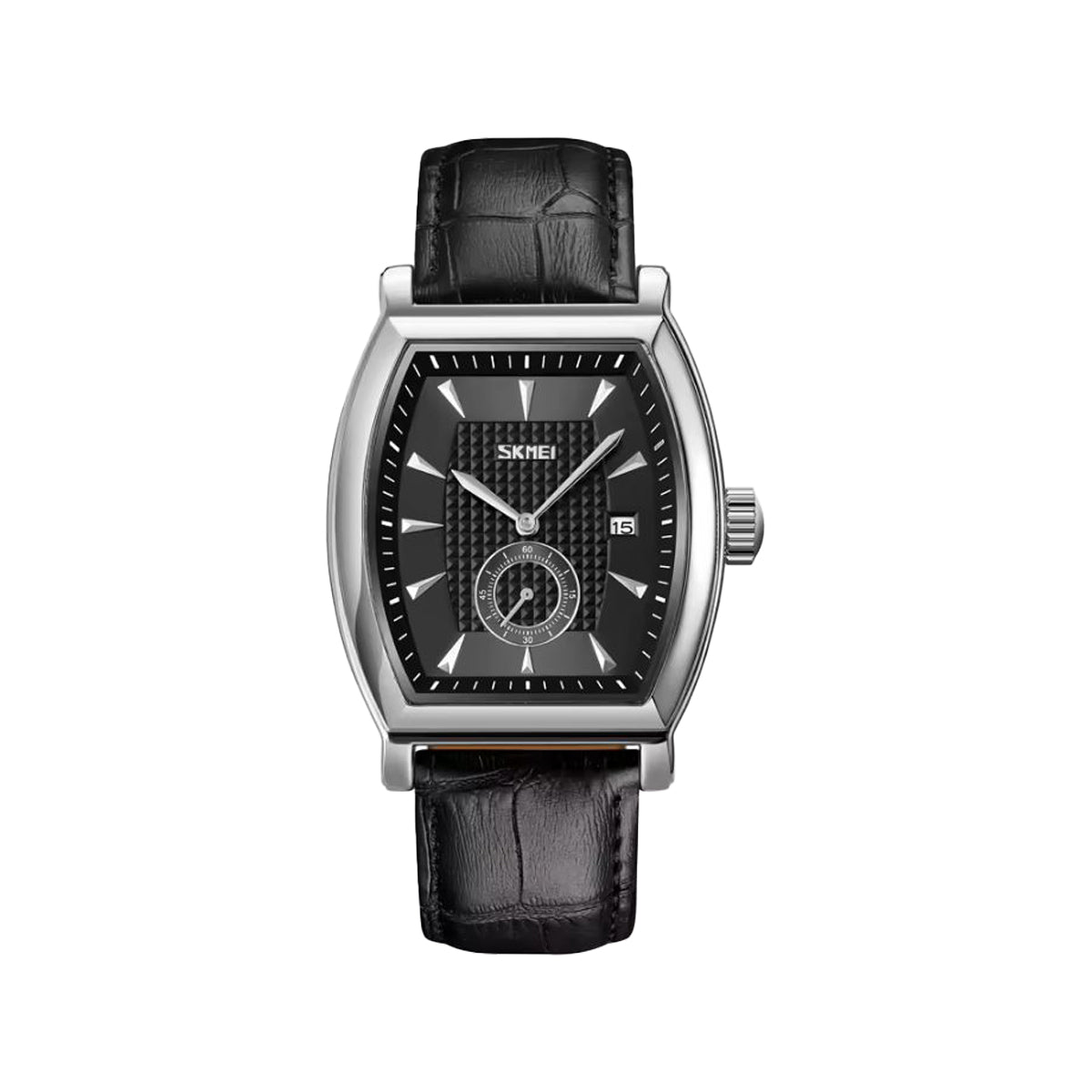 SKMEI 9306 Men’s Square Quartz Watch Black Dial – Leather Strap, Date Display & 30M Water Resistant