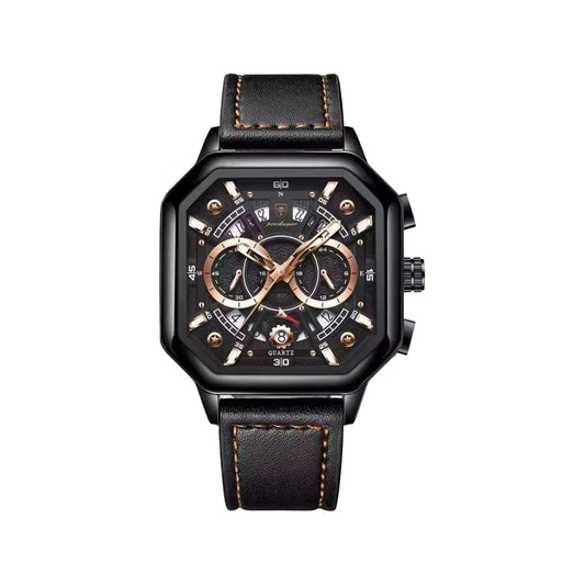 POEDAGAR 983 Men’s Square Chronograph Quartz Watch Black– Genuine Leather Strap