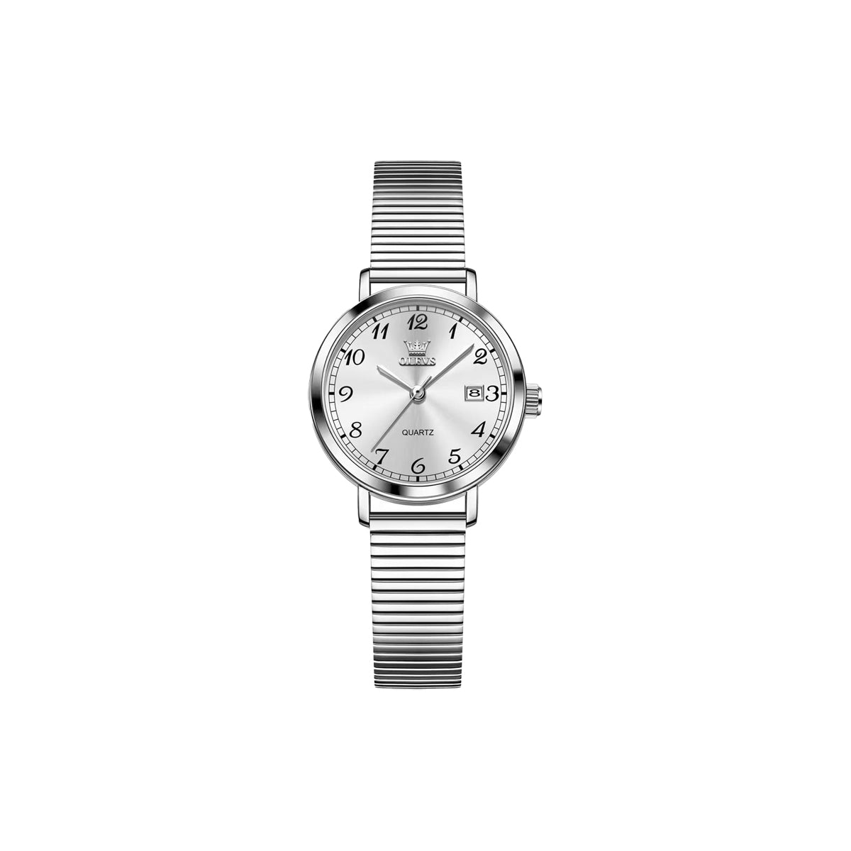 OLEVS 7130 Women’s Silver Quartz Watch – White Dial & Expandable Bracelet