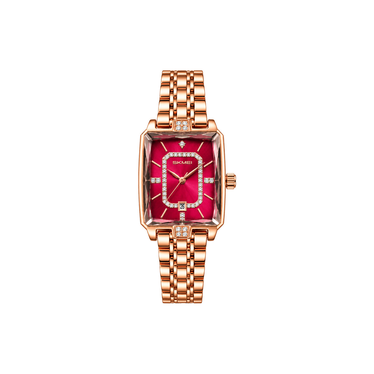 SKMEI 2781 Women’s Elegant Quartz Watch Red Dial– Stainless Steel Bracelet, Date Display