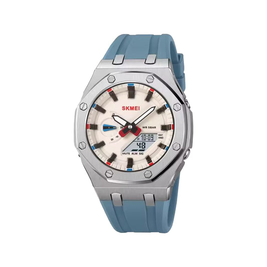 SKMEI 2243 Men’s Analog Digital Watch Silver Light Blue – World Time, 5 Alarms, Chronograph