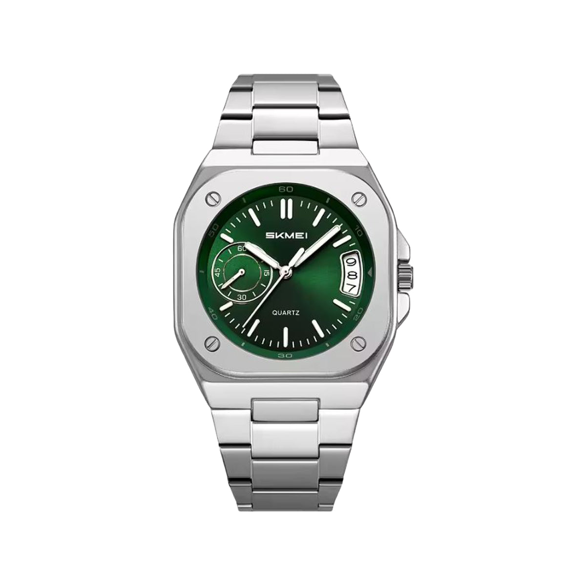 SKMEI 2572 Men’s Square Quartz Watch Silver Green– Stainless Steel Bracelet, Date Display