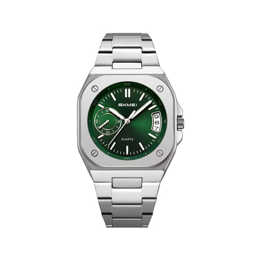 SKMEI 2572 Men’s Square Quartz Watch Silver Green– Stainless Steel Bracelet, Date Display