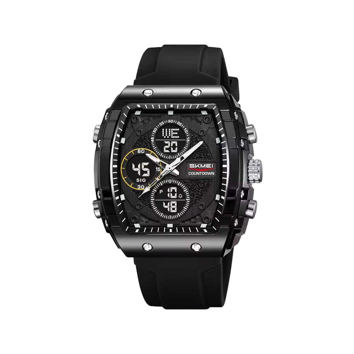 SKMEI 2602 Dual Time Sports Watch Black– 50M Waterproof Silicone Strap