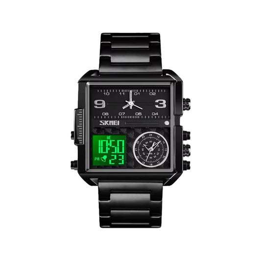 SKMEI 1584 Men’s Analog Digital Watch Black– Triple Time, Stainless Steel Bracelet, Chronograph