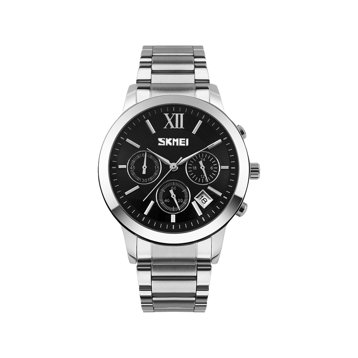 SKMEI 9097 Men’s Chronograph Quartz Watch Silver Black– Stainless Steel Bracelet, Date Display