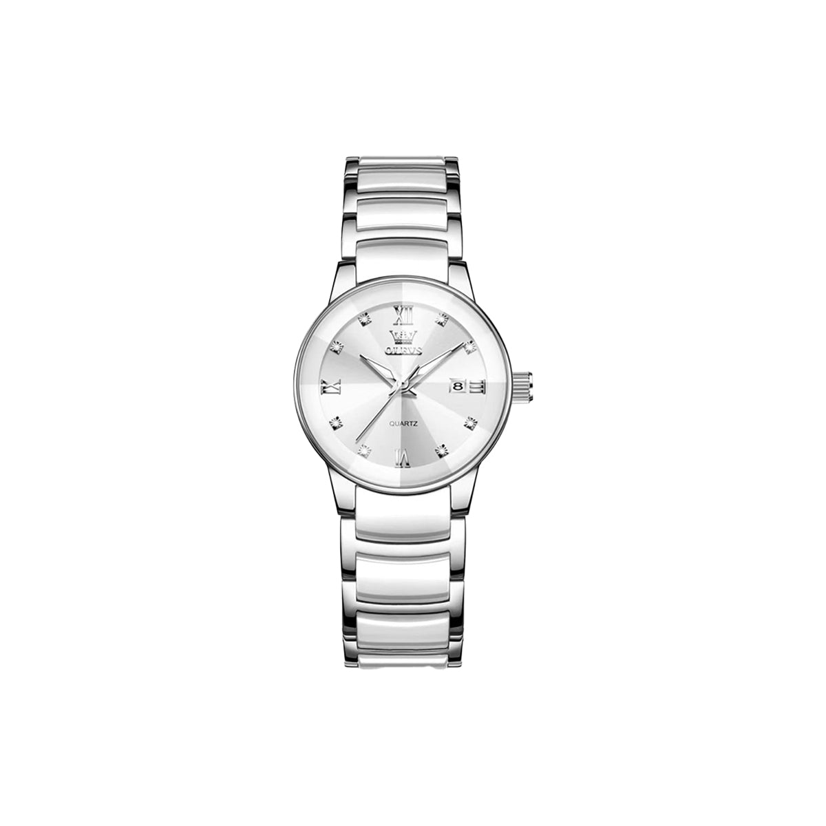OLEVS 7114 Women’s Ceramic Quartz Watch – Silver & White