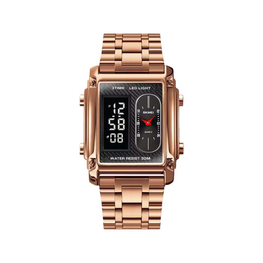SKMEI 1868 Men’s Analog Digital Watch Rose Black– Triple Time, Gold Stainless Steel Bracelet