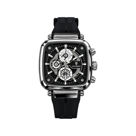 POEDAGAR 849 Men's Square Chronograph Watch Silver Black– Silicone Strap