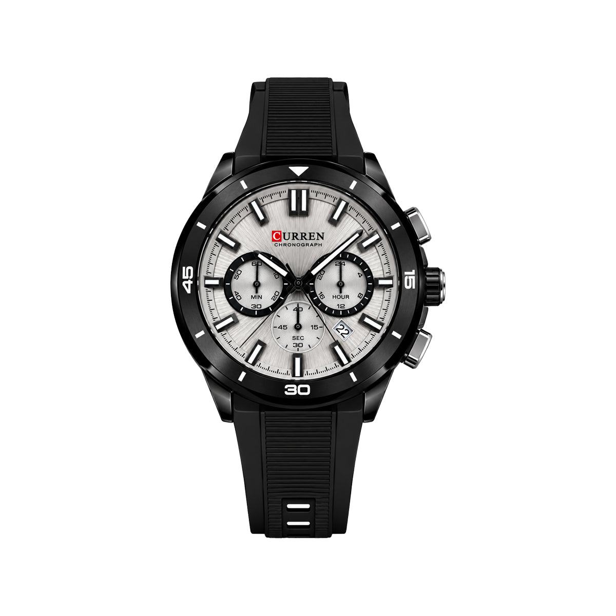 CURREN 8502 Men's Chronograph Quartz Watch Black White– Silicone Strap, Luminous & 3ATM