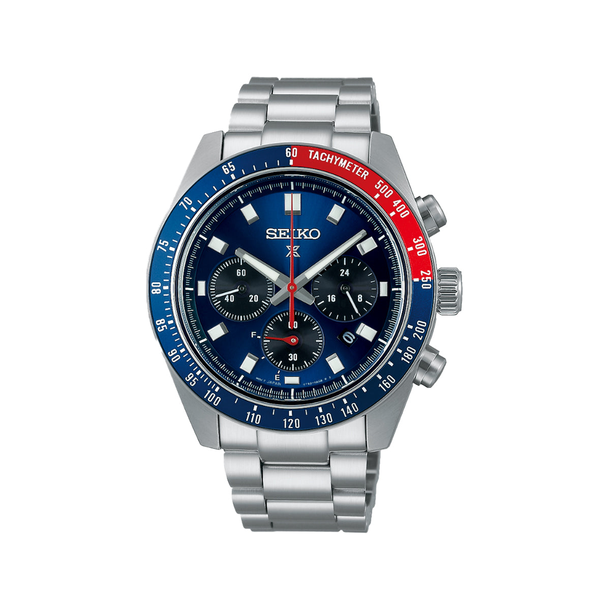 A Seiko stainless steel chronograph watch with a blue dial, blue and red tachymeter bezel, and silver link bracelet, shown against a plain white background.