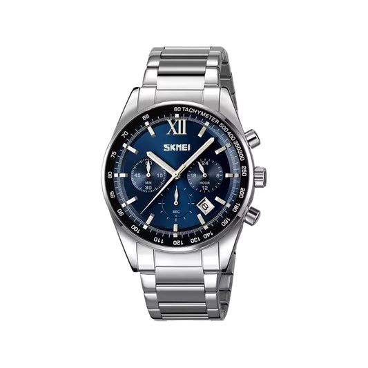 SKMEI 9096 Men’s Chronograph Quartz Watch Silver Blue– Stainless Steel Bracelet, Date, Luminous