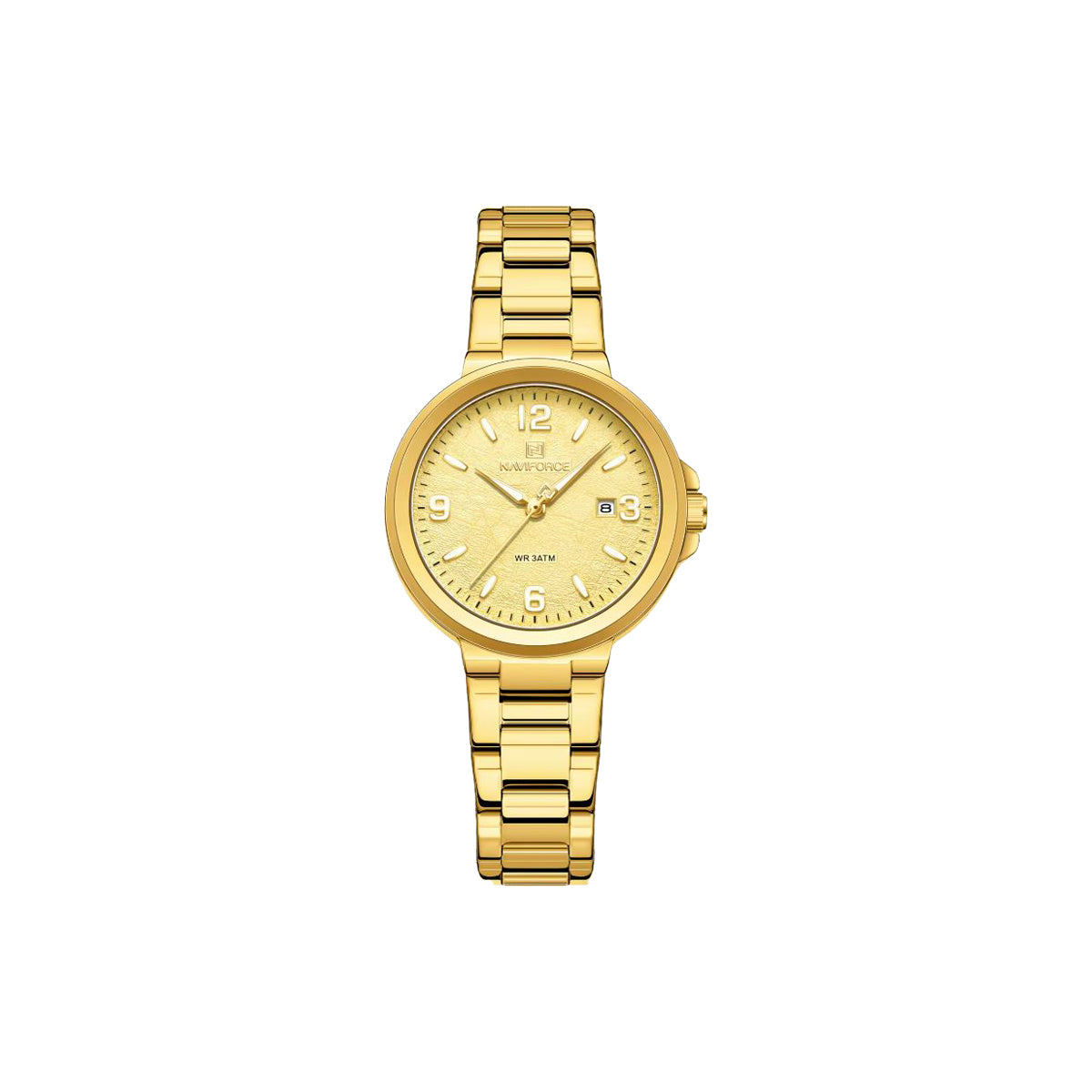 NAVIFORCE 5077 Women’s Textured Golden Dial Quartz Watch – Stainless Steel Bracelet