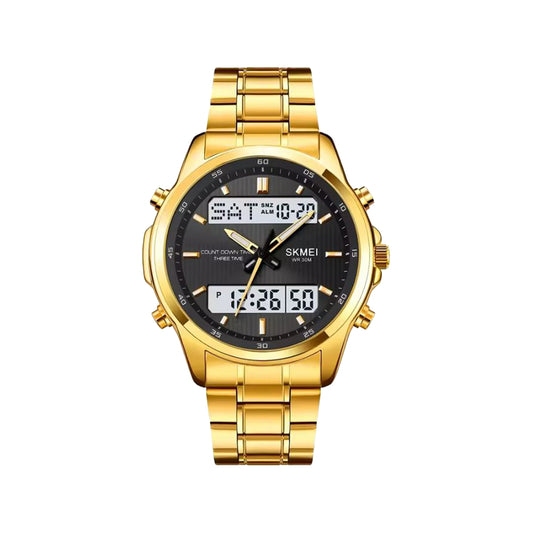 SKMEI 2049 Men’s Analog Digital Sports Watch Golden Black– Triple Time, Chronograph
