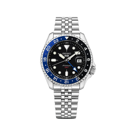 SEIKO GMT Quartz Men’s Watch – Black Dial, Blue & Black Bezel, Steel Bracelet