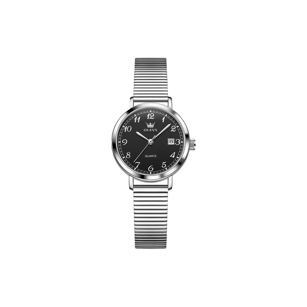 OLEVS 7130 Women’s Silver Quartz Watch – Black Dial & Expandable Bracelet