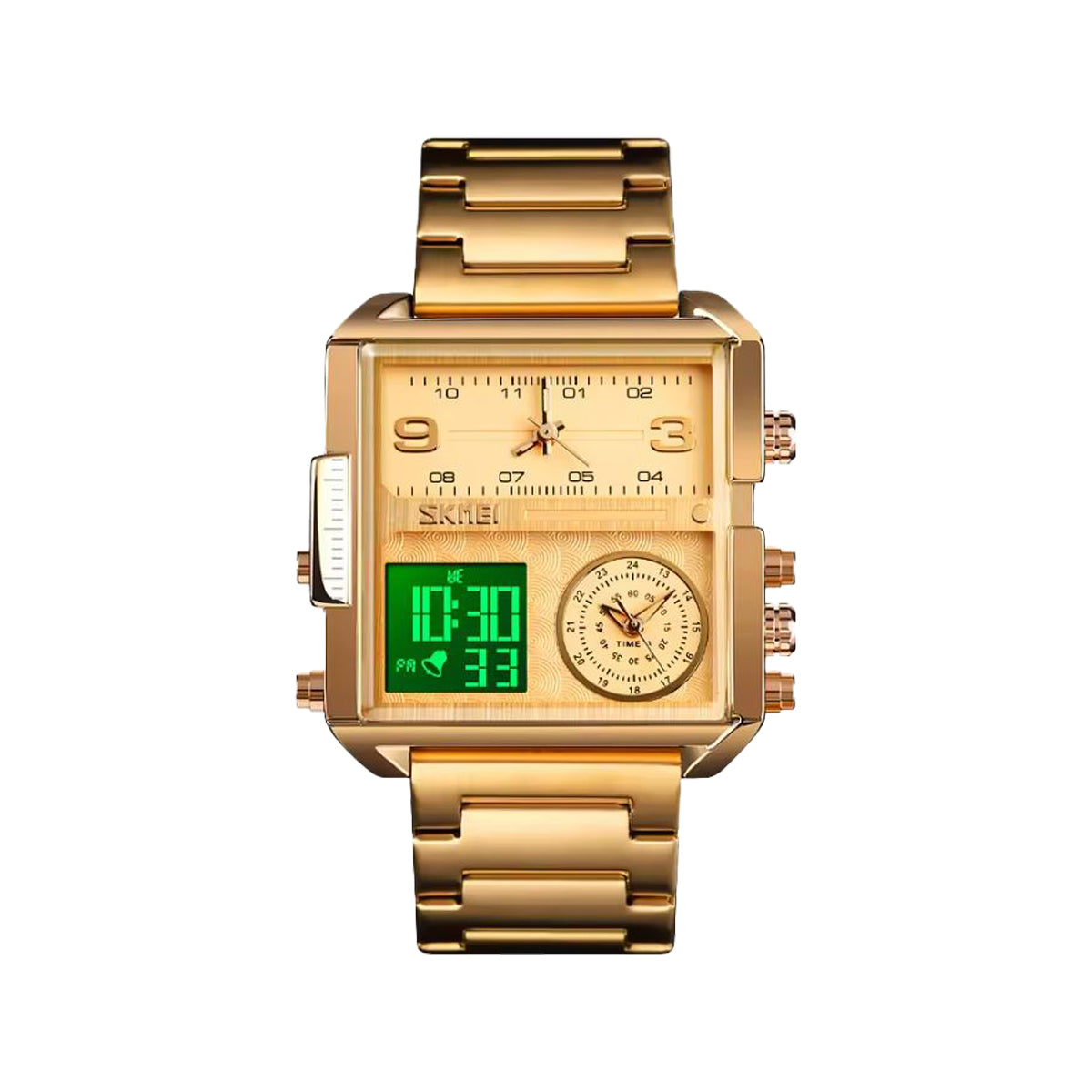 SKMEI 1584 Men’s Analog Digital Watch Golden– Triple Time, Stainless Steel Bracelet, Chronograph
