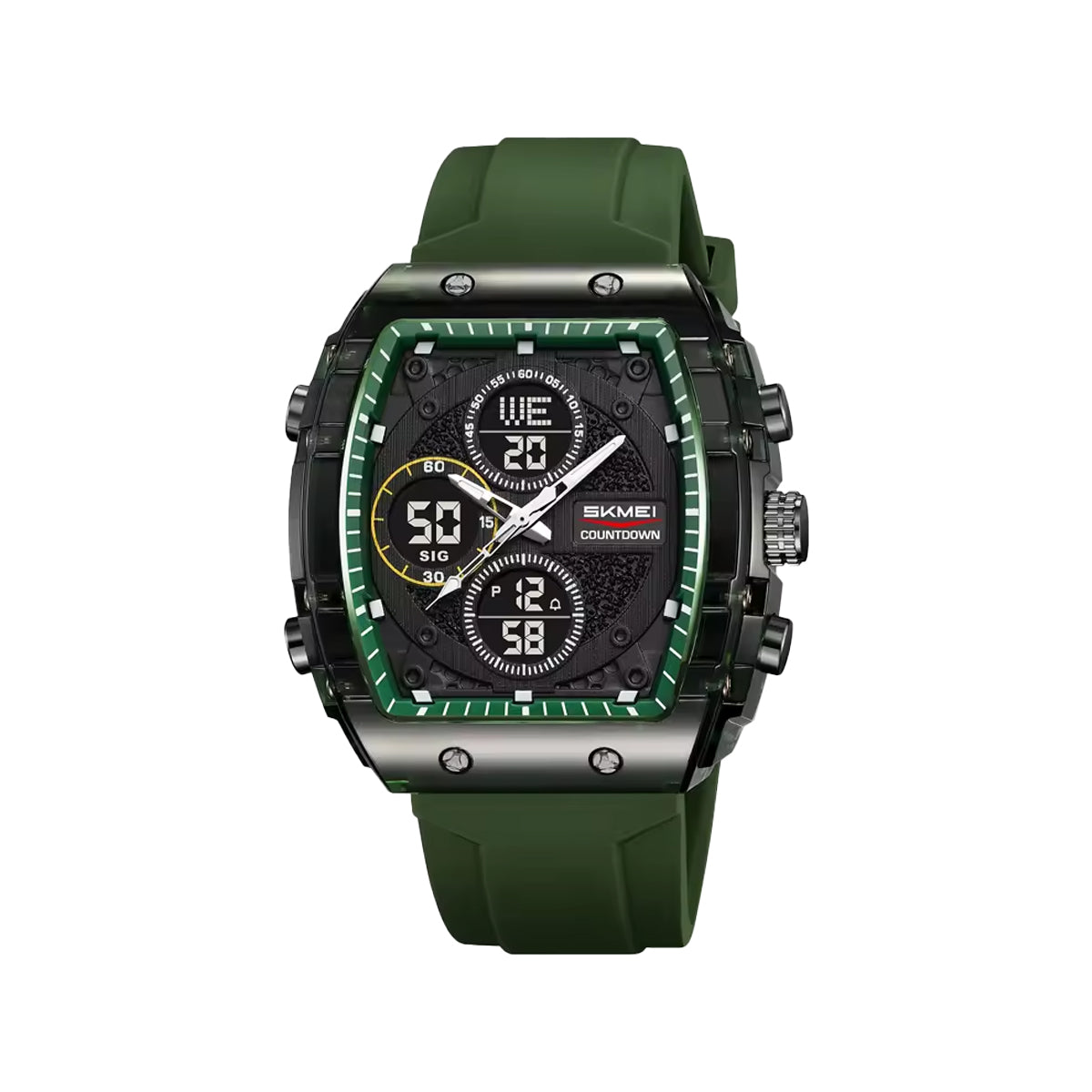SKMEI 2602 Dual Time Sports Watch Green– 50M Waterproof Silicone Strap