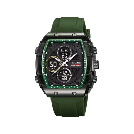 SKMEI 2602 Dual Time Sports Watch Green– 50M Waterproof Silicone Strap