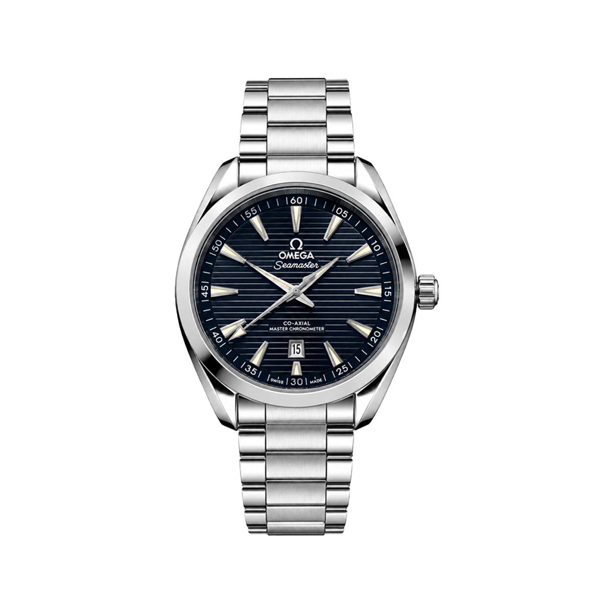 Omega Seamaster wristwatch with a silver stainless steel bracelet and a dark blue sunburst dial, shown against a plain white background.