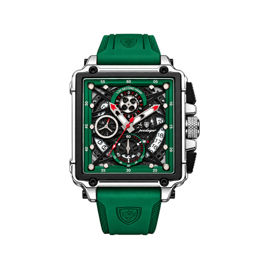 POEDAGAR 840 Men's Square Chronograph Watch Green– Skeleton-Style Dial & Silicone Strap