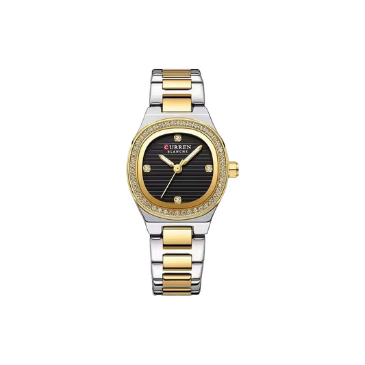 CURREN 9101 Women’s Luxury Diamond Watch Glod Case Black Dial– Small Dial, Luminous Hands & Stainless Steel Bracelet