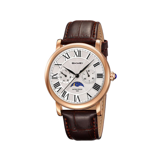 SKMEI 9438 Vintage Men's Quartz Watch Brown Rosegold– Moon Phase, Day & Date, Leather Strap