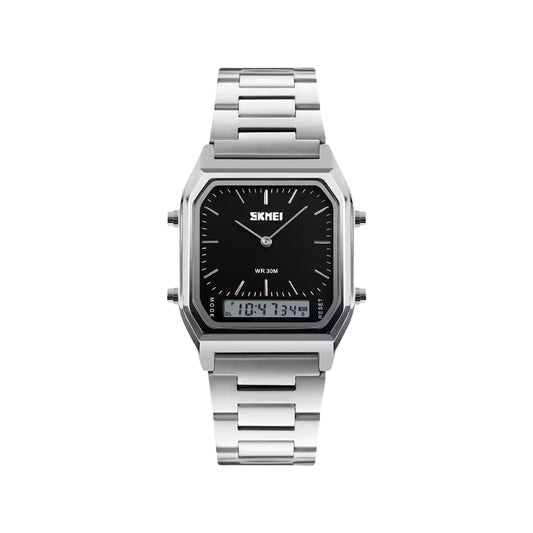 SKMEI 1220 Men’s Vintage Square Analog-Digital Watch Silver Black – Dual Display