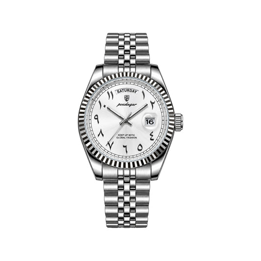 POEDAGAR 845 Men's Quartz Watch Silver White– Arabic Numeral Dial & Stainless Steel Bracelet