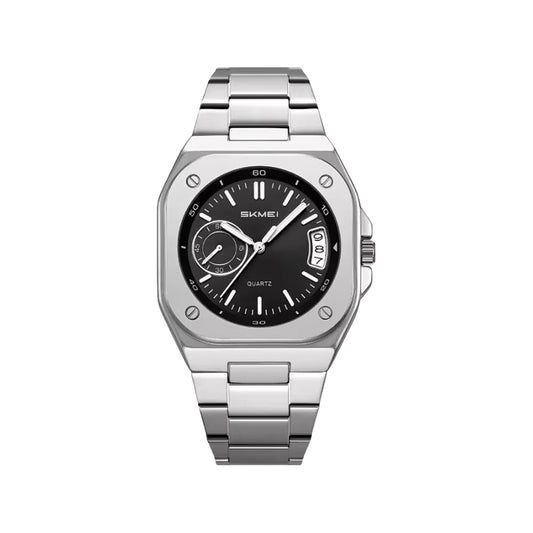 SKMEI 2572 Men’s Square Quartz Watch Silver Black– Stainless Steel Bracelet, Date Display