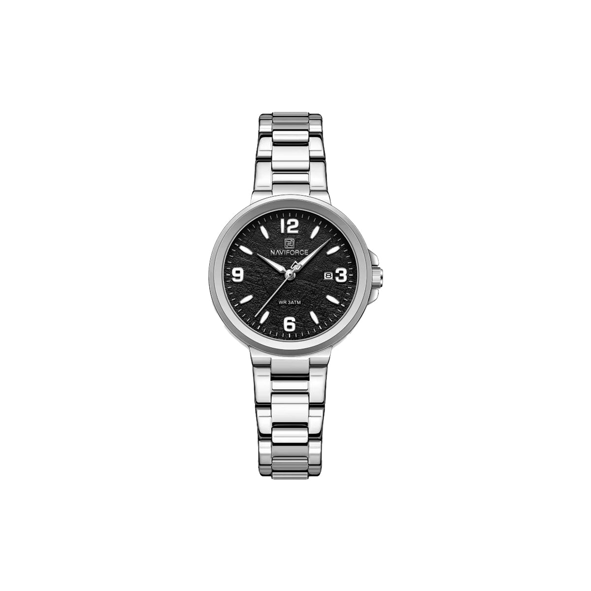 NAVIFORCE 5077 Women’s Textured Silver Black Dial Quartz Watch – Stainless Steel Bracelet