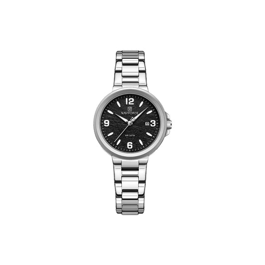 NAVIFORCE 5077 Women’s Textured Silver Black Dial Quartz Watch – Stainless Steel Bracelet