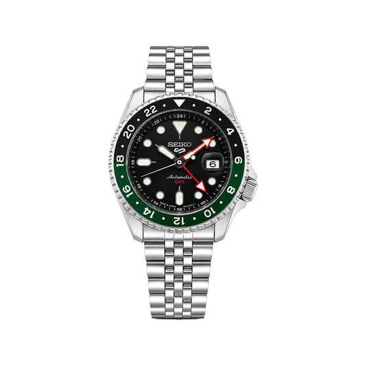 SEIKO GMT Quartz Men’s Watch – Black Dial, Green & Black Bezel, Steel Bracelet