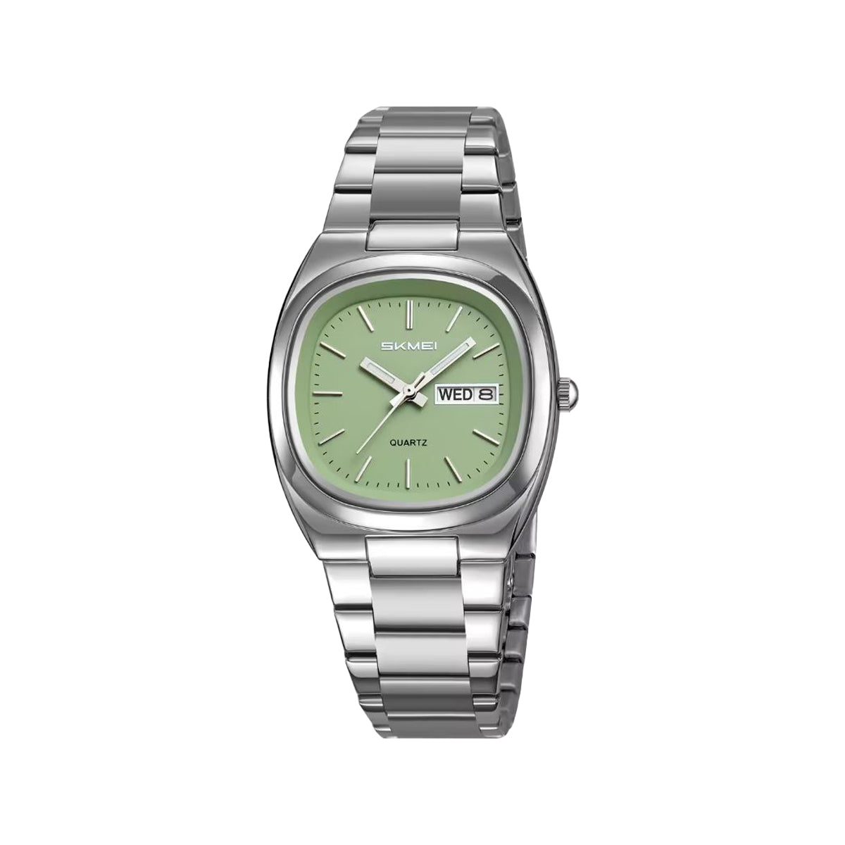 SKMEI 2420 Men’s Quartz Watch Silver Green– Day Date, Stainless Steel Bracelet