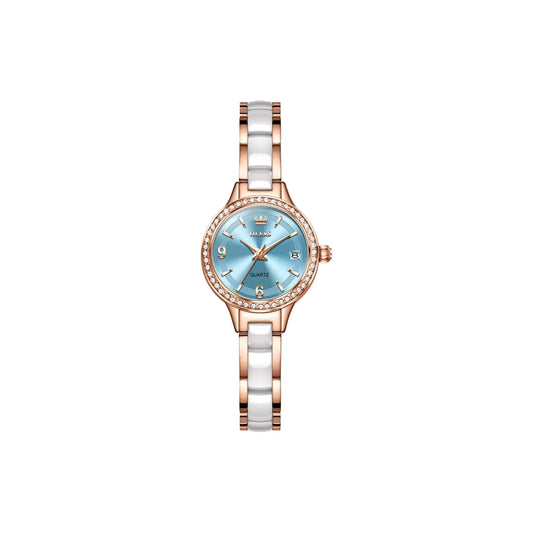 OLEVS 7093 Women’s Luxury Quartz Watch Rose Gold Blue– Stainless Steel Ceramic Bracelet