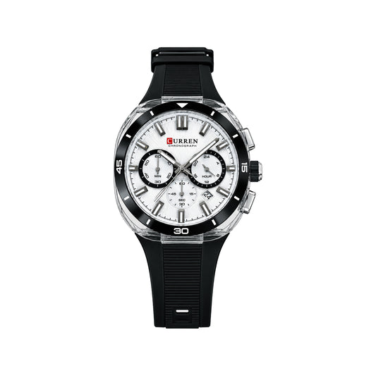 CURREN 8502 Men's Chronograph Quartz Watch Silver Black– Silicone Strap, Luminous & 3ATM